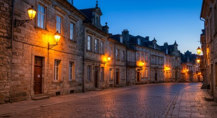 Charming Evening Street Scene - Cobblestone street lined with historic buildings at twilight, illuminated by warm streetlights