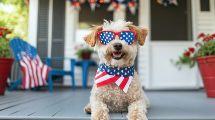 Funny dog wearing USA flag sunglasses and matching bandana. Perfect image for patriotic events, 4th of July, or American-themed promotions