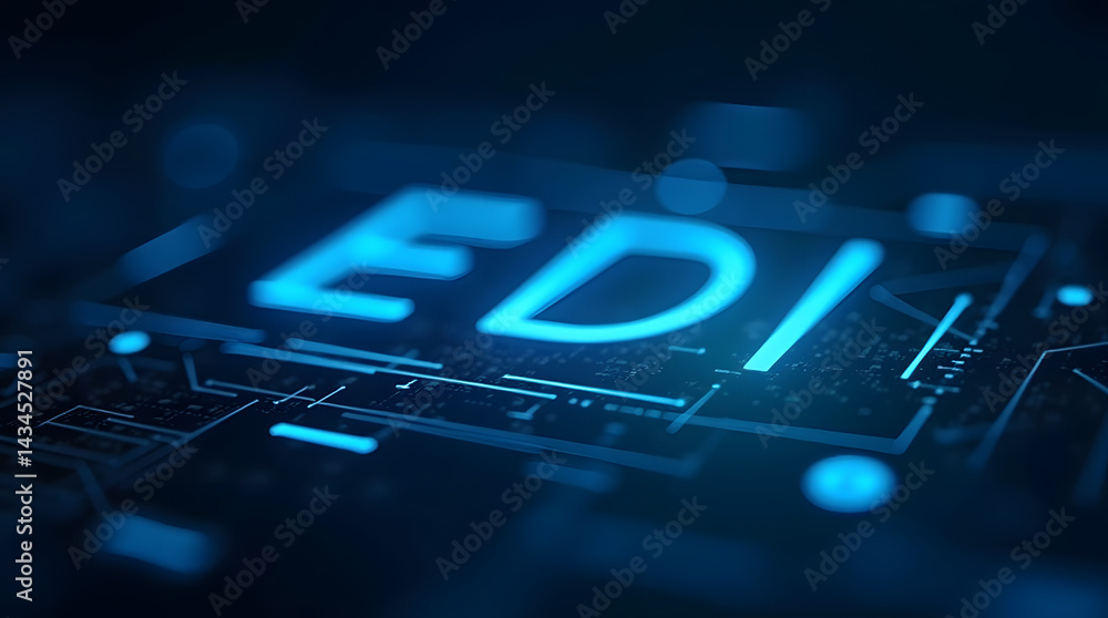 Poster a close-up view of 'edi' illuminated in blue on a digital circuit background, representing electroni