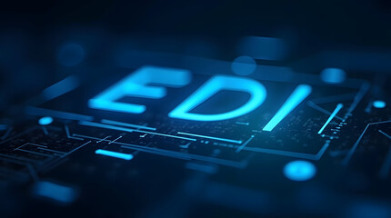 A close-up view of 'EDI' illuminated in blue on a digital circuit background, representing electronic data interchange technology.