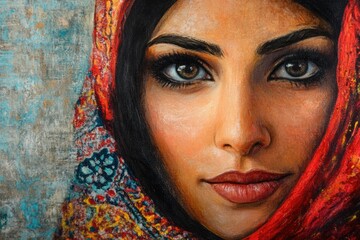 Close-up portrait painting of a woman with dark hair, wearing a patterned red headscarf, showcasing expressive eyes and lips.