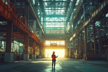 Female engineer in a large industrial facility using a tablet, assessing the infrastructure.