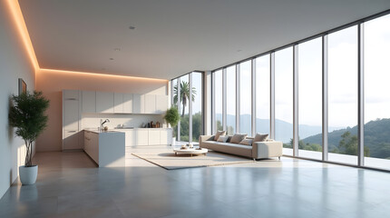 Fototapeta premium Modern living space with large windows, featuring a sleek kitchen and minimalist decor, exuding tranquility and elegance.