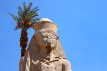 Ancient Egyptian statue with damaged face under blue sky and palm tree in Luxor temple, Egypt –...