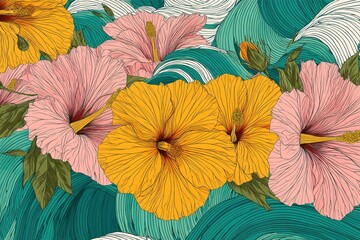 Vibrant tropical flowers on a wave-patterned background showcasing nature's beauty and colorfulness