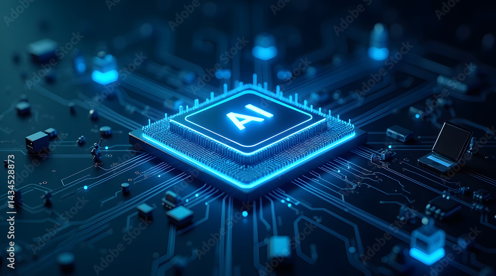 Poster futuristic ai microchip glowing in blue tones amidst a network of circuitry.