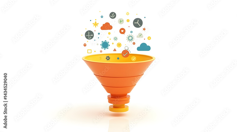 Poster A vibrant orange funnel with colorful icons and symbols emerging from the top, representing data flow and analysis.