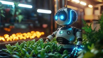 Fototapeta premium Humanoid robot tending green crops