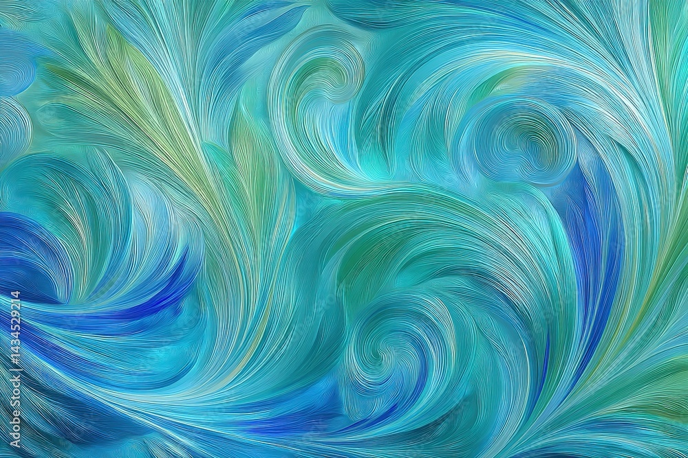 Poster swirls of blue and green create an abstract texture reminiscent of ocean waves and flowing water