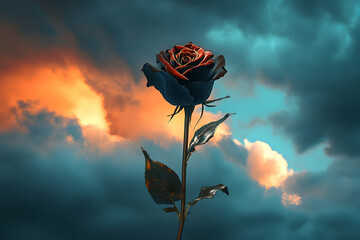 Dramatic rose against a stormy sunset sky.
