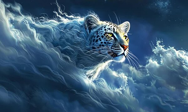 Majestic snow leopard emerging from swirling clouds under a starry night sky