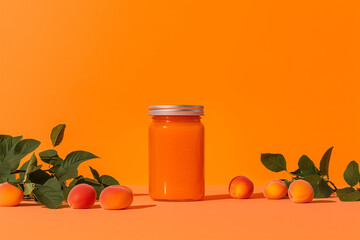 Apricot Delight: A tantalizing jar of apricot preserves sits amidst a vibrant display of fresh apricots and lush greenery, offering a delicious treat.