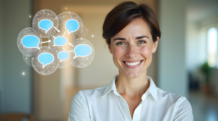 Smiling woman with brown hair in a bright office, representing communication concepts with chat bubbles.