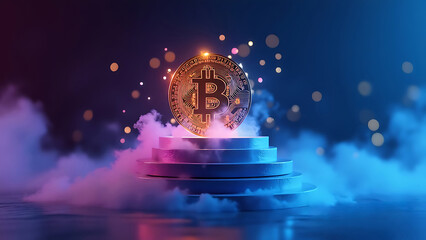 Futuristic Cryptocurrency Investment Concept with Bitcoin and Rising Graph in Colorful Neon Purple and Blue Tone