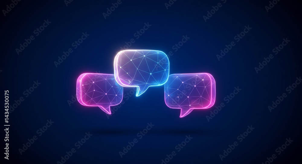 Poster communication network - three glowing speech bubbles symbolize online conversation, communication, a