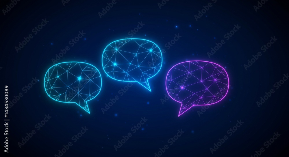 Poster communication network - abstract glowing speech bubbles represent online communication, connection, 