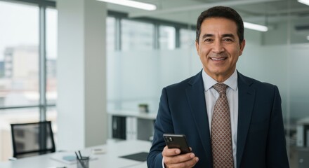 Fototapeta premium Confident Businessman Using Smartphone - A smiling mature businessman in a suit holds a smartphone in a modern office setting