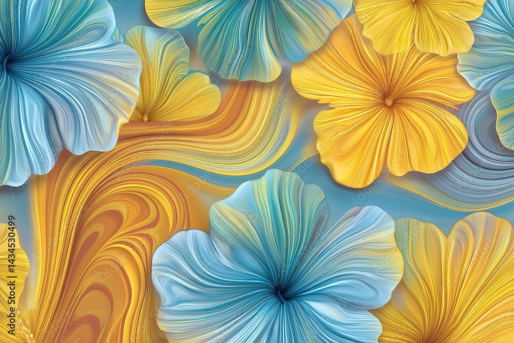 Poster flowers in vibrant colors create an artistic and abstract composition with flowing lines and a seren