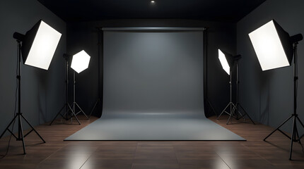 A well-equipped photography studio featuring softbox lights and a smooth backdrop, ideal for professional photo shoots.