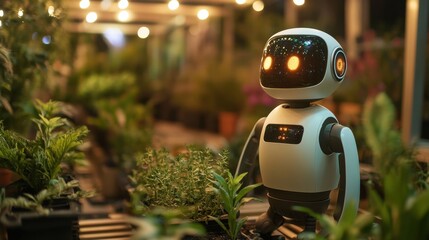 Naklejka premium Humanoid robot tending green crops