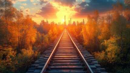 Obraz premium Autumnal railway path leading to sunrise over industrial city
