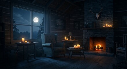 Cozy Cabin Night - A rustic cabin interior lit by candles and a fireplace on a moonlit night. Warm and inviting atmosphere
