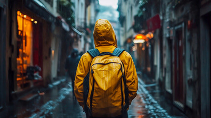 Obraz premium Rainy Day in Narrow City Alley with Soft Lighting Effects