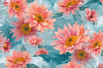Colorful floral design with pink sunflowers and blue-green leaves on a textured background