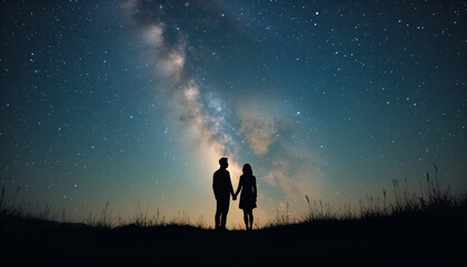 Silhouette of couple holding hands under the milky way galaxy in the night sky with tall grass .