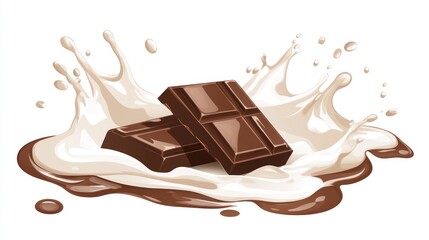Milk chocolate bars splashing in creamy milk; dessert advertisement