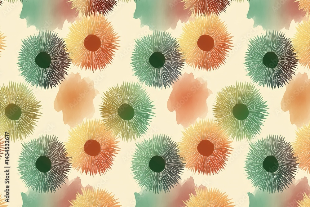 Poster colorful floral pattern design with intricate shapes and soft tones suitable for various decorative 