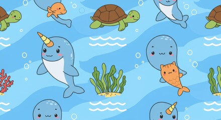 Fototapeta premium Cute Sea Creatures Pattern: Narwhal, Turtle, and Catfish - Adorable cartoon narwhals, turtles, and a cat with a fishtail swim in a playful underwater scene. This charming design symbolizes cuteness