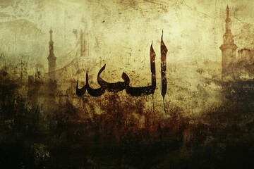 Obraz premium Arabic calligraphy of 'Allah' on a grunge background with mosque silhouettes, evoking faith and spirituality.
