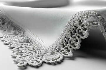 Obraz premium Elegant white tablecloth with intricate lace trim showcasing craftsmanship and detail