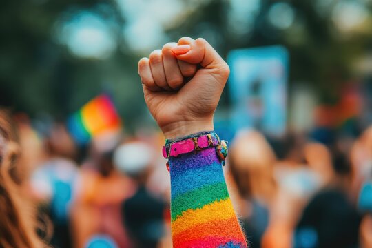 A fist raised high in a vibrant LGBTQ+ pride parade, symbolizing unity and empowerment.