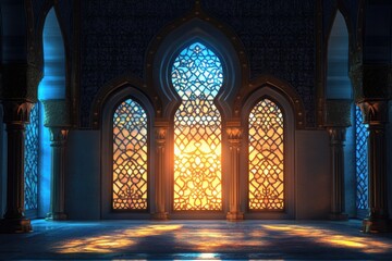 Obraz premium A majestic hall with ornate arches and vibrant stained-glass windows, bathed in warm and cool light.