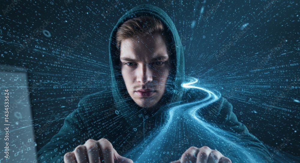 Poster data stream: hacker at work - a hooded figure expertly navigates a landscape, symbolizing hacking, d
