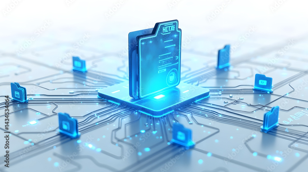 Aufkleber a vibrant blue digital data folder surrounded by glowing connections, symbolizing advanced technolog