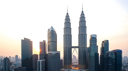 Fototapeta premium Stunning skyline view of the twin skyscrapers at sunset, showcasing iconic modern architecture.