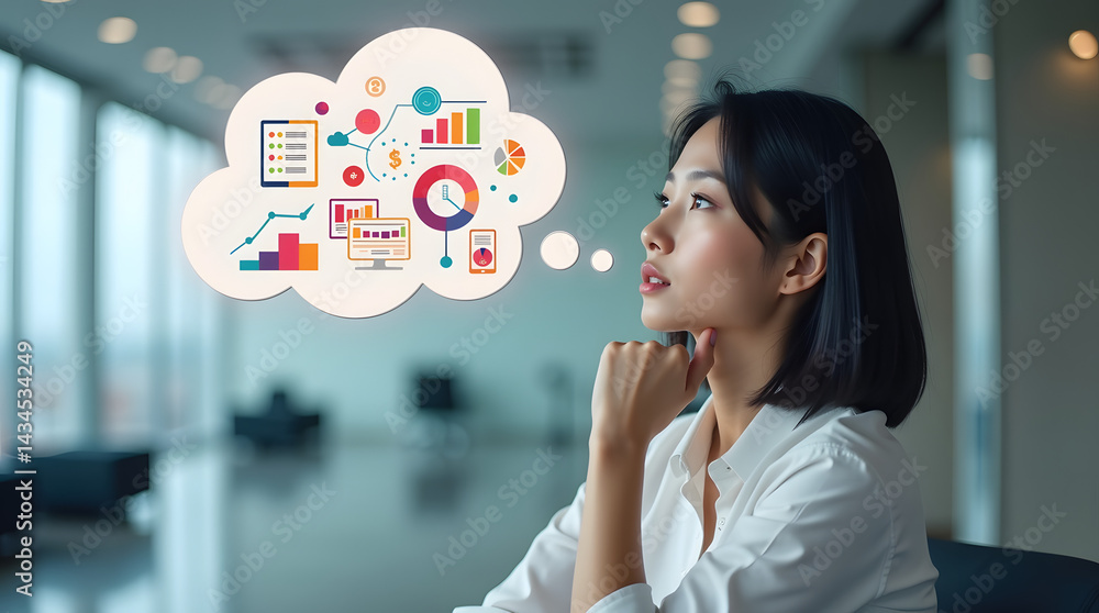 Poster thoughtful asian woman visualizes data analytics with charts and graphs in a modern office setting.