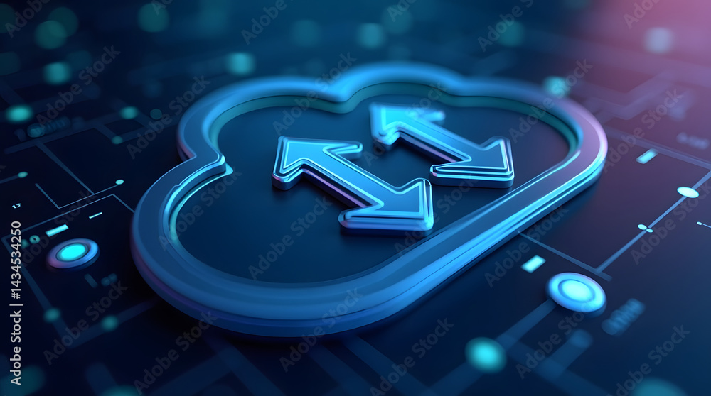 Poster stylized cloud icon with directional arrows, symbolizing data transfer in a digital environment.