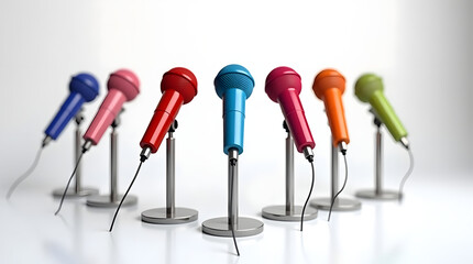 A vibrant lineup of colorful microphones on stands, symbolizing music and performance.