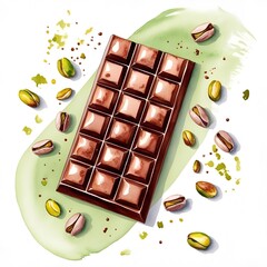 Dubai famous dessert, a chocolate bar with pistachio cream and kadayif filling illustrated in watercolor style.