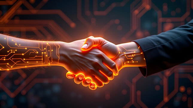 A futuristic handshake between a human and a robotic hand, symbolizing technology integration in business.