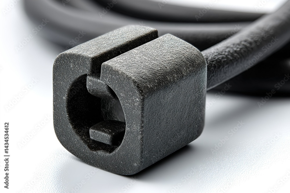 Poster close-up view of a black electrical connector showcasing detailed texture and design in a studio set