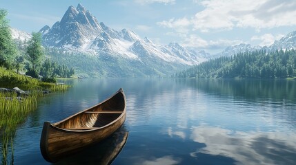Serene Mountain Lake Canoe Peaceful Nature Scene Tranquil Water Wooden Boat Scenic View Summer Landscape Breathtaking Scenery Majestic Peaks Alpine   
