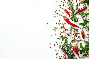 A vibrant arrangement of red chili peppers and fresh herbs, scattered with various spices on a white background.
