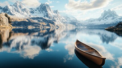 Serene Wooden Canoe on Calm Mountain Lake Peaceful Nature Scenery Tranquil Water Reflection Stunning Landscape Breathtaking View Picturesque Alpine   
