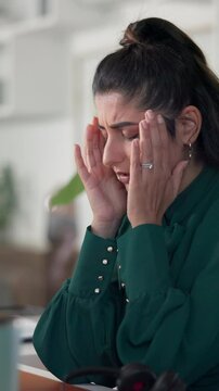 Call center, stress and woman with pain of headache for difficult client, sales pressure or overworked. Telemarketing, consultant and tension migraine for lead generation, burnout or workload fatigue