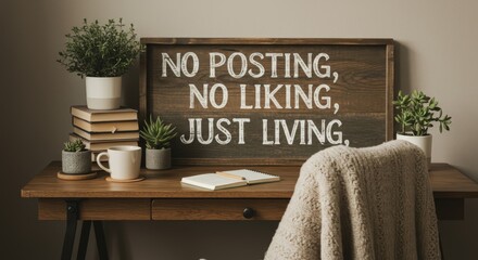 Detox Desk: No Posting, No Liking, Just Living - Cozy desk setup promoting detox and mindfulness. Symbolizes peace, simplicity, presence, intention, and balance